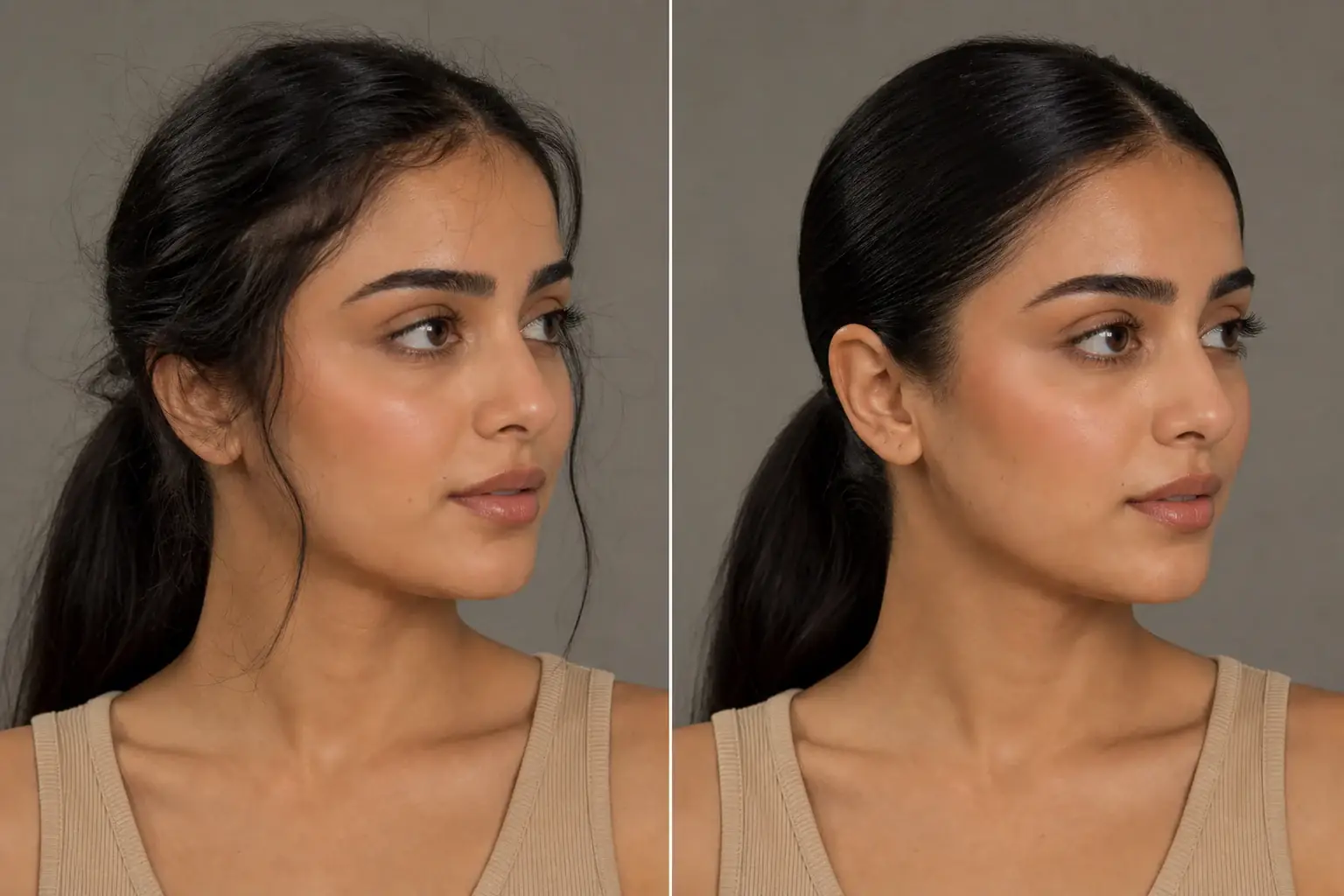 Side-by-side example of flyaways tidied without changing the hairstyle