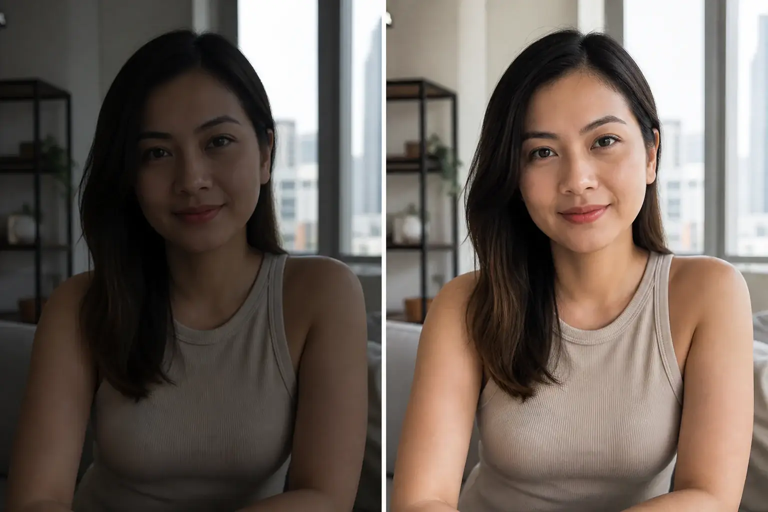 Side-by-side example of an underexposed portrait naturally brightened