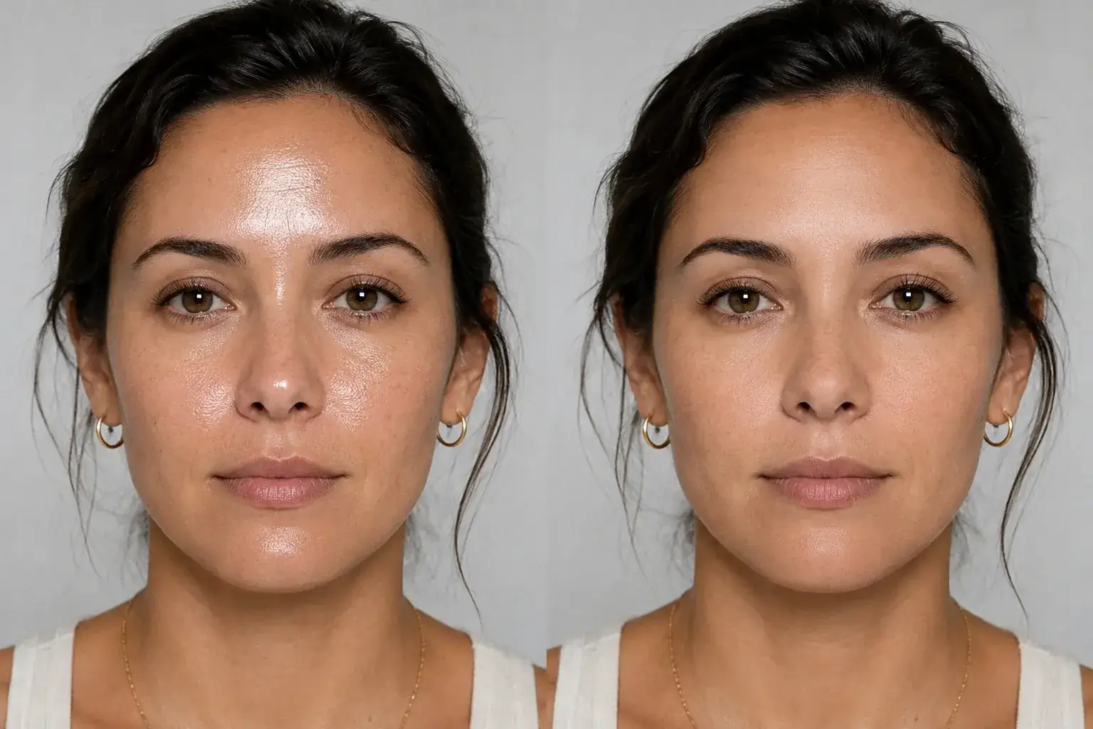 Side-by-side example of T-zone shine reduced while keeping a healthy glow