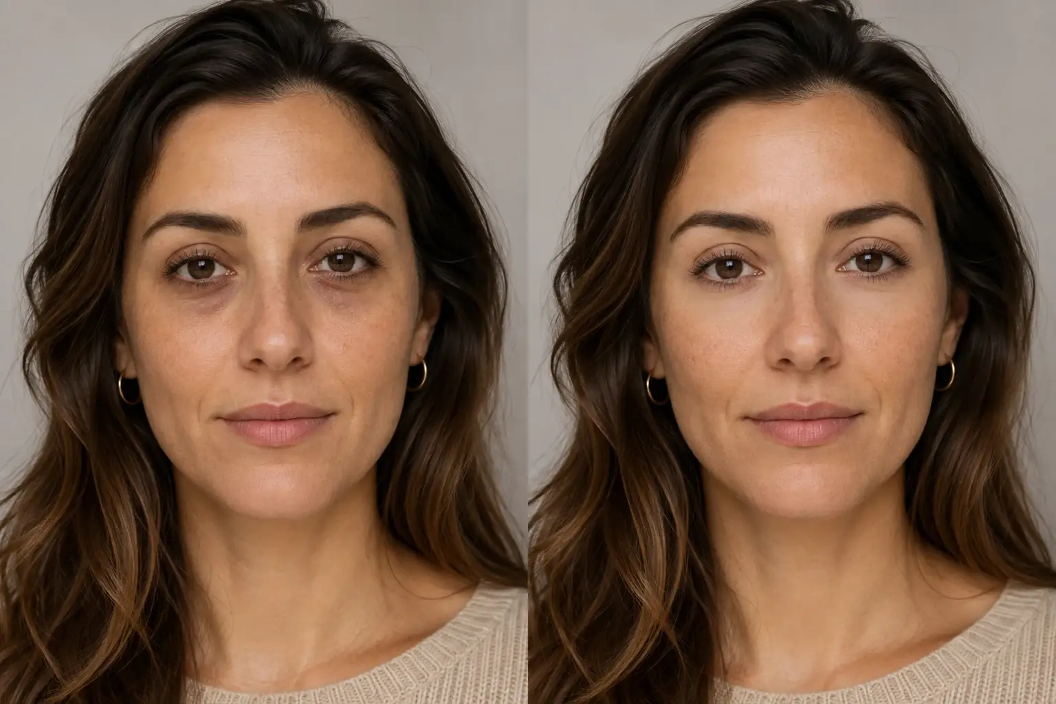Side-by-side example of under-eye shadows gently brightened