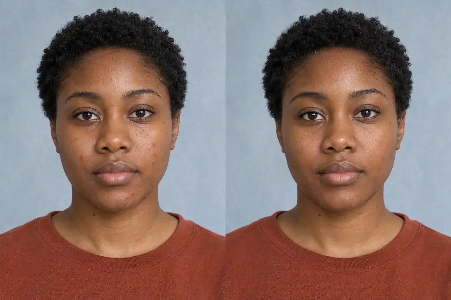 Side-by-side example of temporary blemishes gently retouched