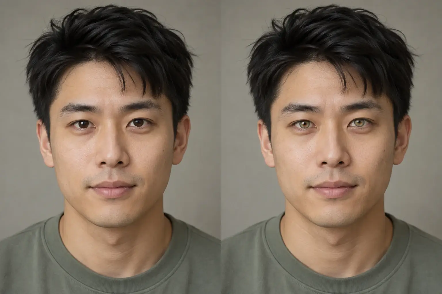 Side-by-side example of brown eyes previewed in blue