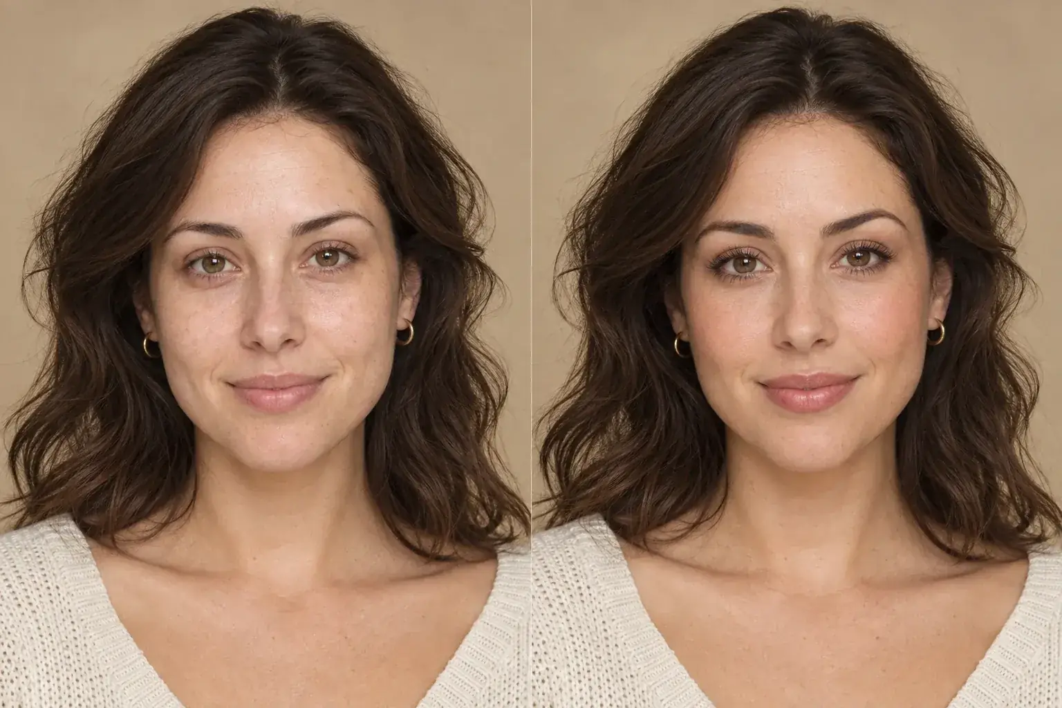 Side-by-side example of a soft makeup look changed into a more polished look