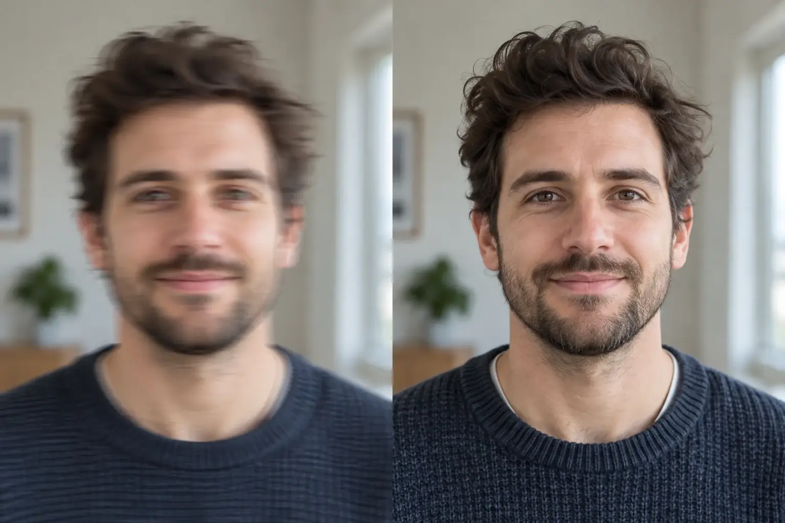 Side-by-side example of motion blur removed while the face stays the same